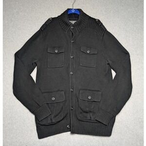 BKE Mens XL Cardigan Sweater Black Sherpa Collar Military Grunge Dark Academia